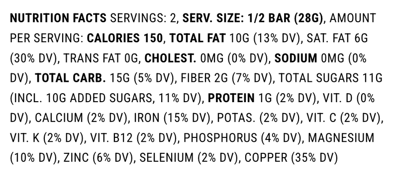 Nutrition Facts for Big Orgasm Chocolate Bar