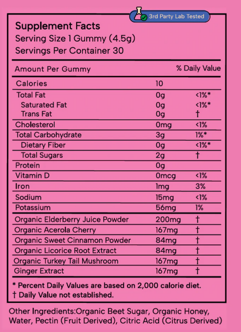 Nutrition Facts for Healthy Child: Immune & Illness Gummy