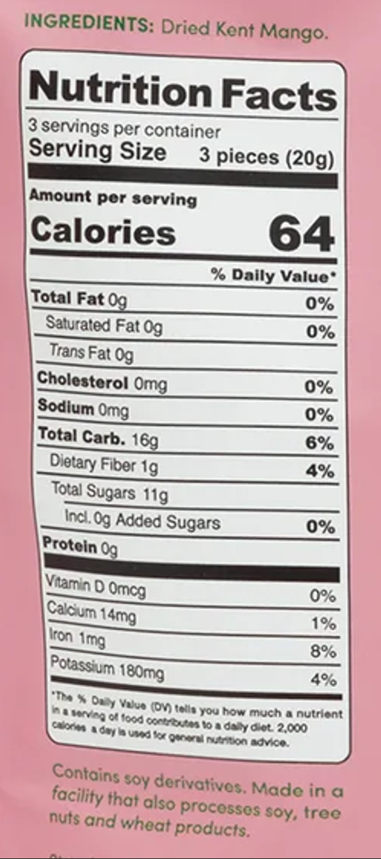 Nutrition Facts for Natural Dried Mango